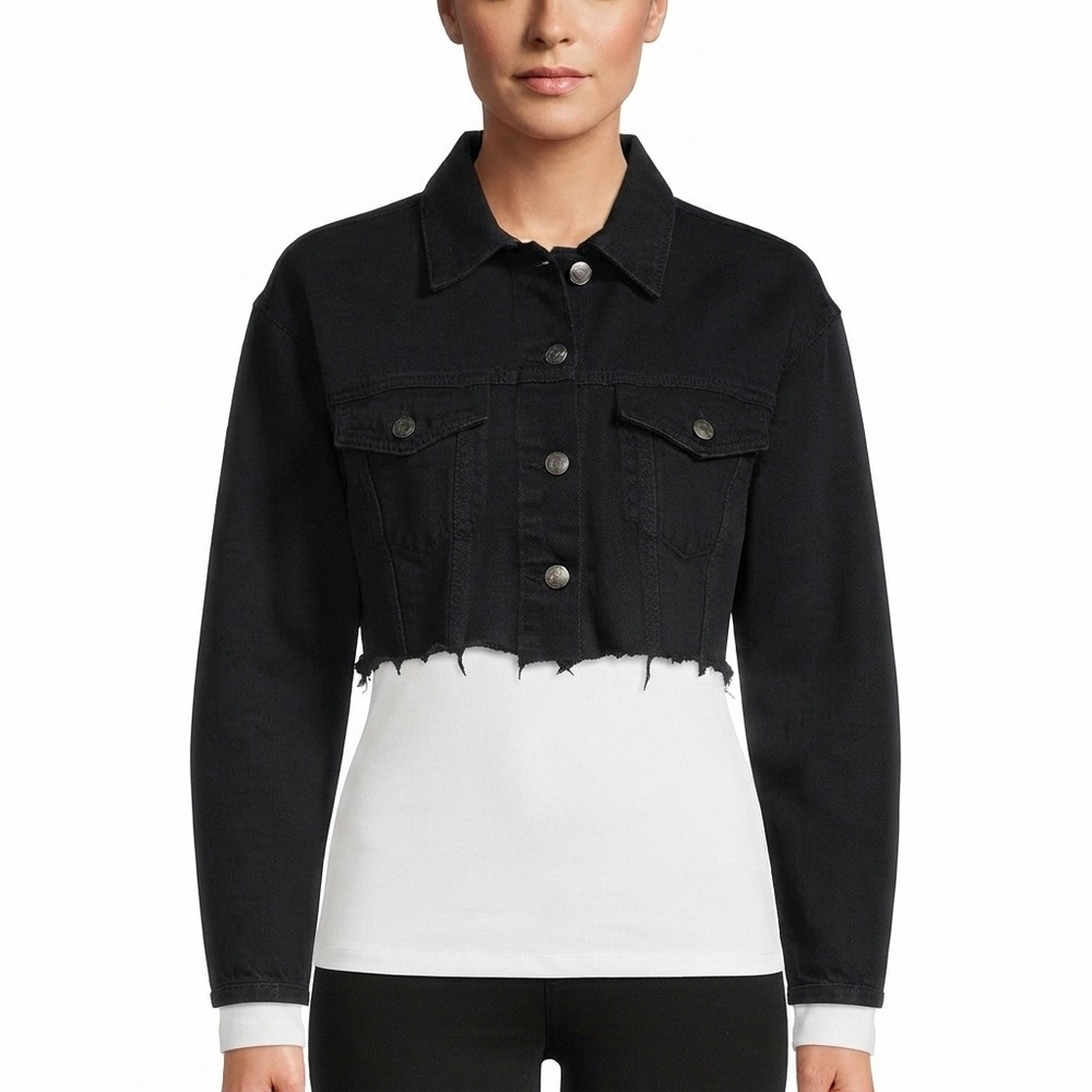 Forever 21 Jacket Womens Medium Black Cropped Raw Hem Denim NWT
